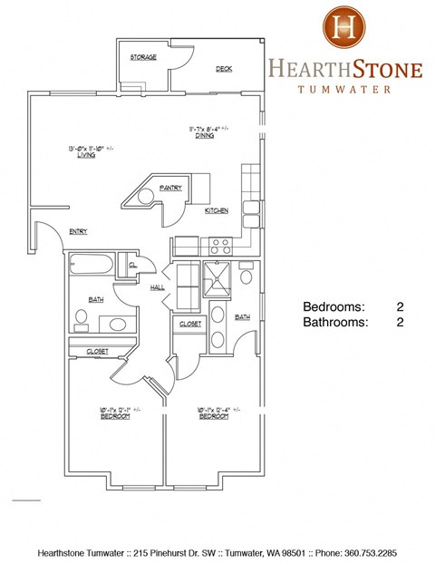 Floor plan for 2 beds, 2 baths, 960 sqft